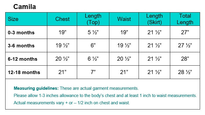 Size chart for Girls White Christening Gown - Camila, listing chest, waist, and length measurements for 0-18 months baby baptism gown.