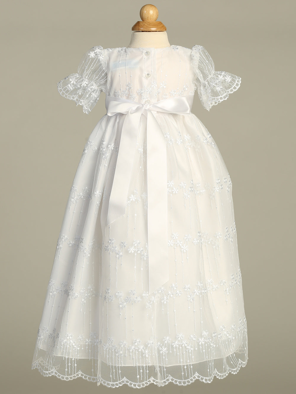 Back view of Girls White Christening Gown - Camila showing satin bow tie and delicate lace details, perfect for baby baptism occasions.