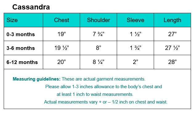 Size chart for Cassandra Girls Baptism Gown with chest, shoulder, sleeve, and length measurements for sizes 0-12 months.