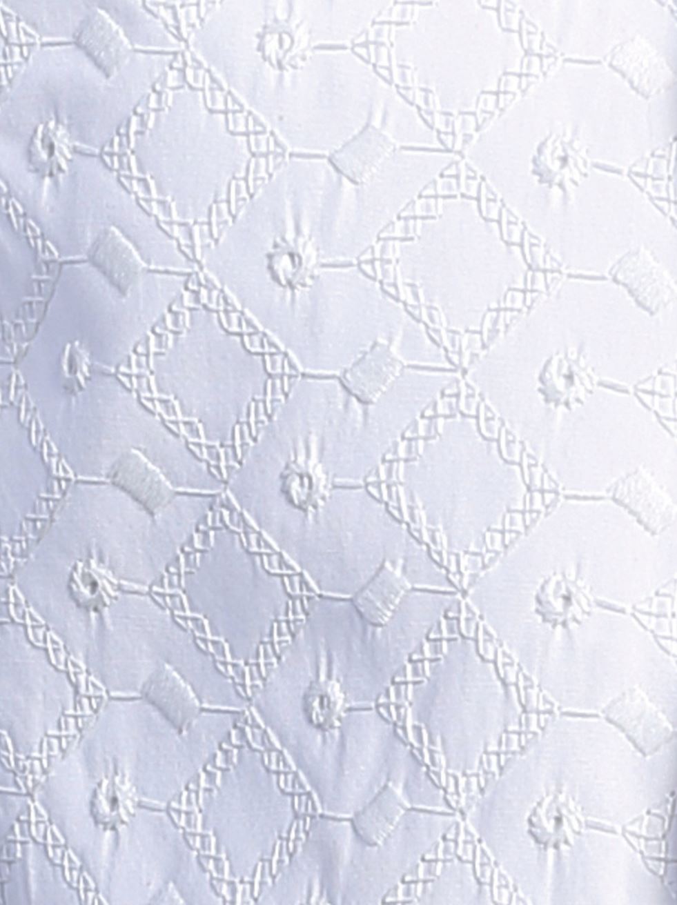 Close-up of Diego/Corey baby boys white baptism outfit vest featuring elegant diamond-patterned embroidery for a classic ceremonial look.