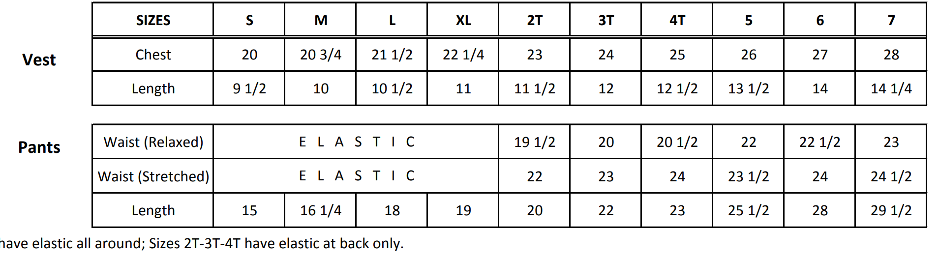Size chart for Malcolm Royce Charcoal Grey Pants and Suspenders Outfit for Infants and Toddlers, includes vest and pants measurements from S to size 7.