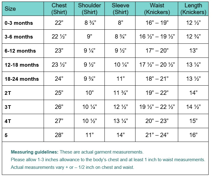 Measurement chart for Toddlers cute grey outfit from Malcolm Royce