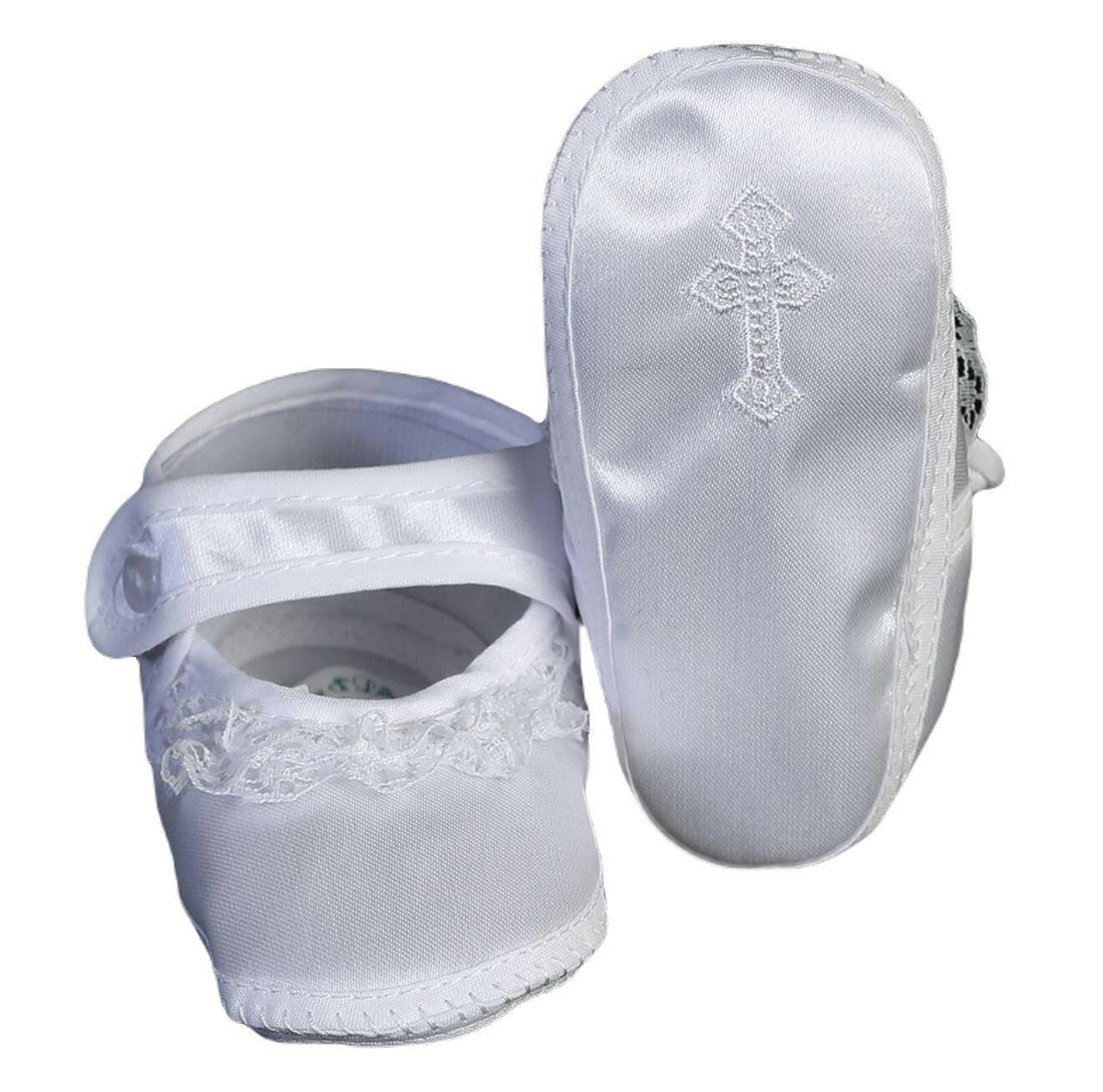 Lace Trim Baptism Booties for Girls by Malcolm Royce in white satin with embroidered cross on sole, ideal for Christening ceremonies.