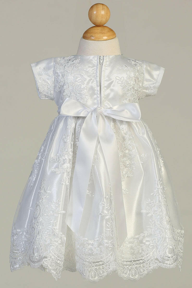 Back view of Christening Baptism White Gown Harlow featuring satin ribbon bow and zipper closure. Elegant lace details for special occasions.