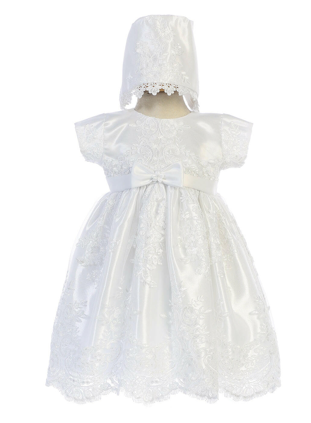 Christening Baptism White Gown Harlow with lace overlay, satin bow, and matching bonnet for girls. Ideal ceremonial dress for 0–18 months.