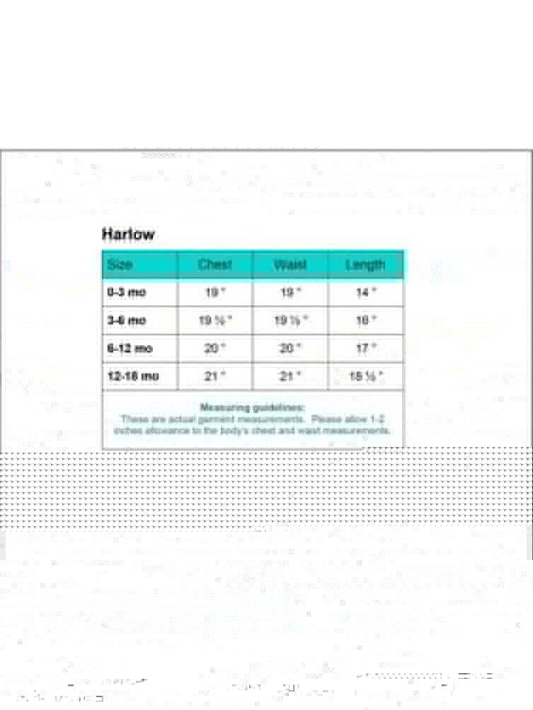 Size chart for Christening Baptism White Gown Harlow showing chest, waist, and length measurements for 0–18 months. Helps ensure accurate fit.