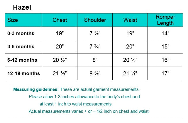 Hazel White Romper size chart detailing chest, shoulder, waist, and length measurements for infants 0-18 months, ensuring accurate fit for baptism attire.
