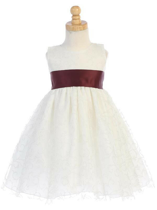 Elegant ivory glitter tulle flower girl dress with sleeveless bodice and burgundy satin sash, ideal for weddings and formal events.