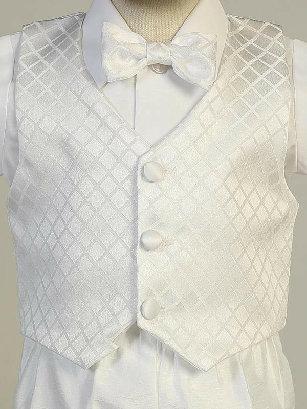 Close-up of Jasper baby boys christening outfit with diamond-patterned jacquard vest and satin bowtie, ideal for baptism or formal occasions.