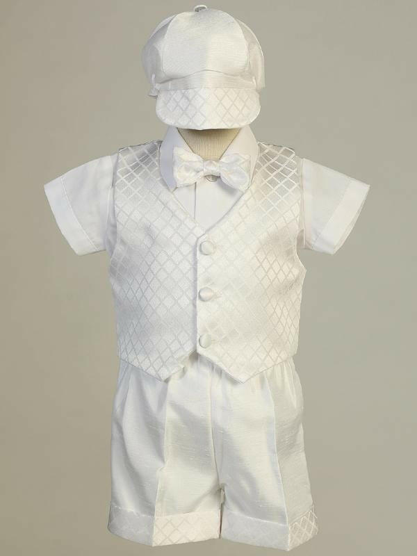 Jasper christening outfit for baby boys by Malcolm Royce, featuring a white jacquard vest, bowtie, shorts, and matching cap for baptism ceremonies.