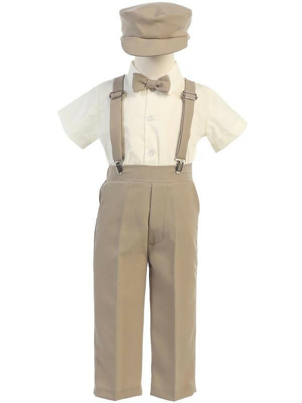 Malcolm Royce infant khaki outfit with suspenders, bow tie, and cap displayed on mannequin, ideal for toddlers' formal occasions.