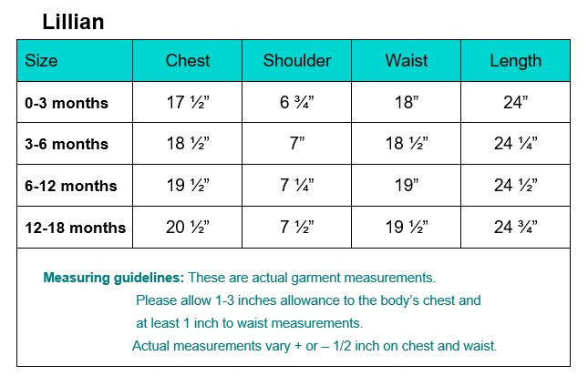 Lillian Baptism Gown size chart showing chest, shoulder, waist, and length measurements for 0-18 months. Use for accurate ceremonial dress fitting.