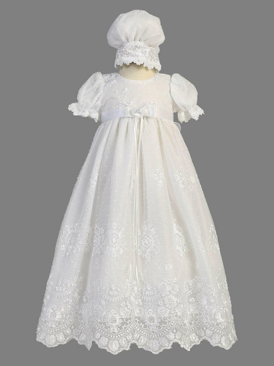 Madison Christening Baptism Gown for girls featuring embroidered white tulle, puff sleeves, satin bow, and matching lace bonnet.