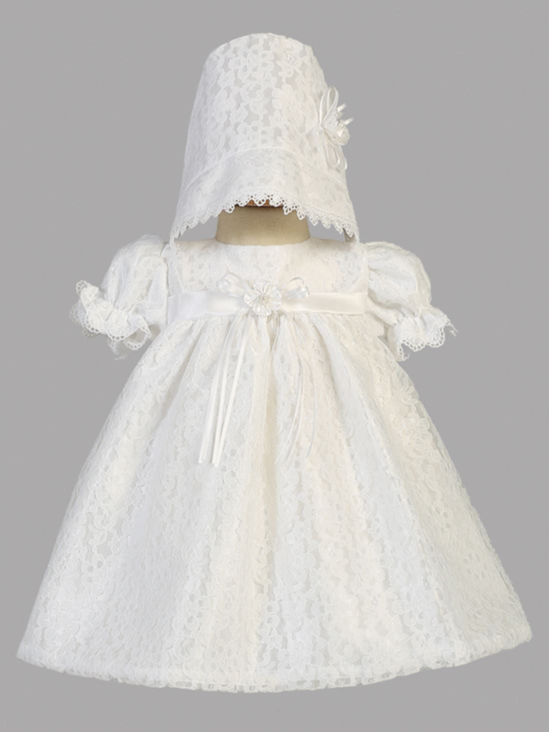 Melissa Baptism Dress - Girls' White Dress with bonnet, lace overlay, puff sleeves, and satin bow, ideal for christening ceremonies.