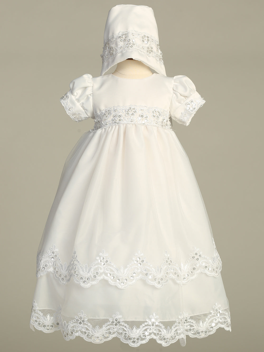 Girls Christening Gown - White Satin & Tulle with embroidered lace trim and matching bonnet, ideal for baptism ceremonies. Made in USA, sizes 0-18m.