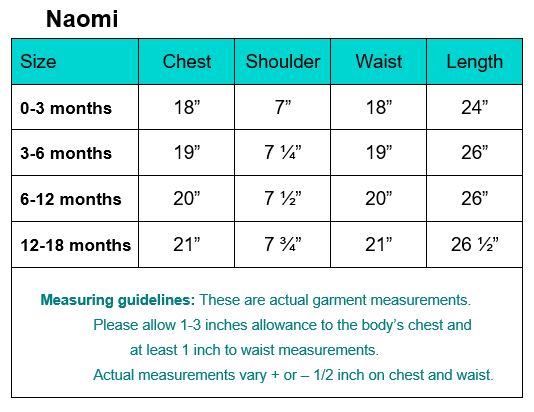 Size chart for Girls White Christening Gown Naomi, showing chest, shoulder, waist, and length measurements for sizes 0-18 months.