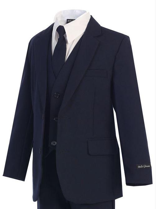 A boy's charisma enhanced by the streamlined grace of a Classic Slim navy suit.