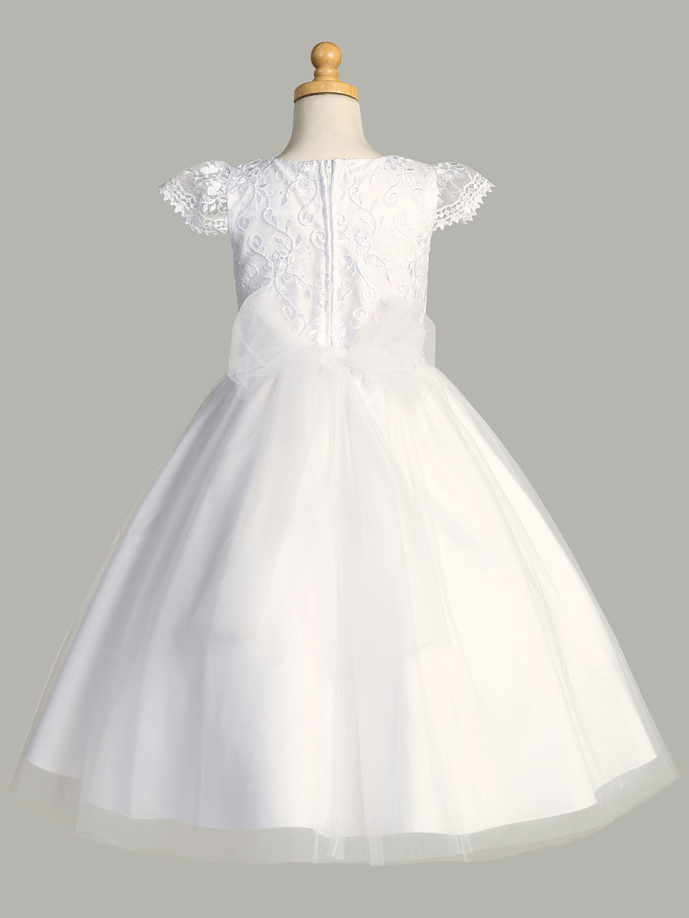 Close-up view of the embroidered tulle bodice, showcasing the intricate embroidery details.