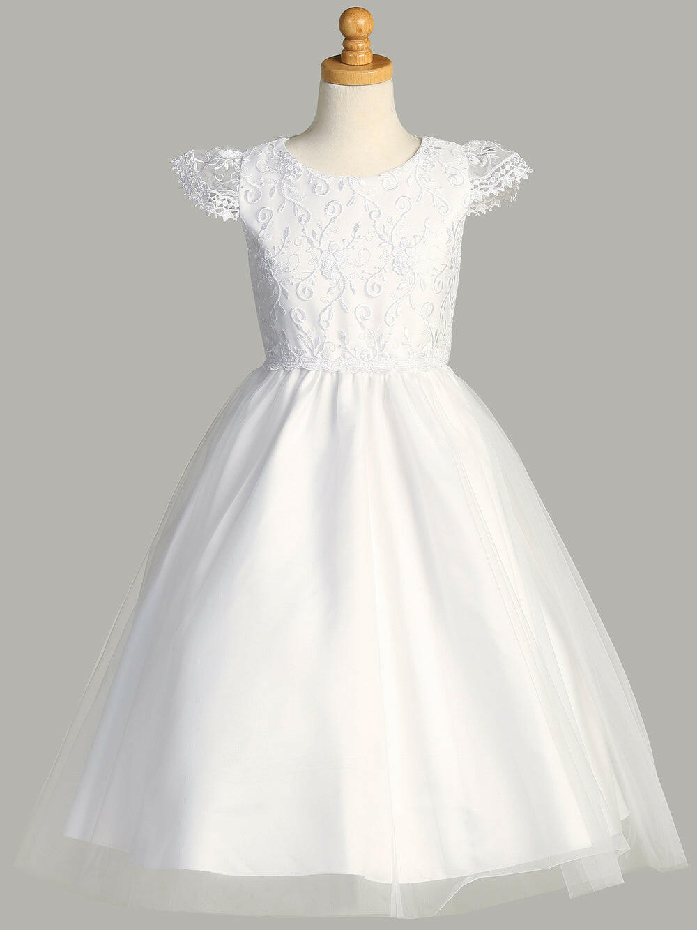 Front view of Malcolm Royce girls' white First Communion dress with floral embroidered tulle bodice and cap sleeves, perfect for special occasions.