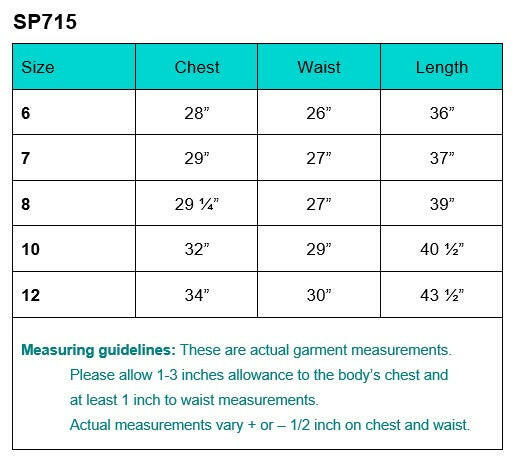 Measurement chart for the First Communion Dress 