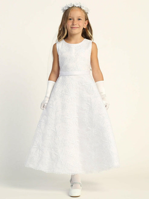 215 Girls White First Communion Dress w/ Embroidered Tulle & Sequins (NEW)