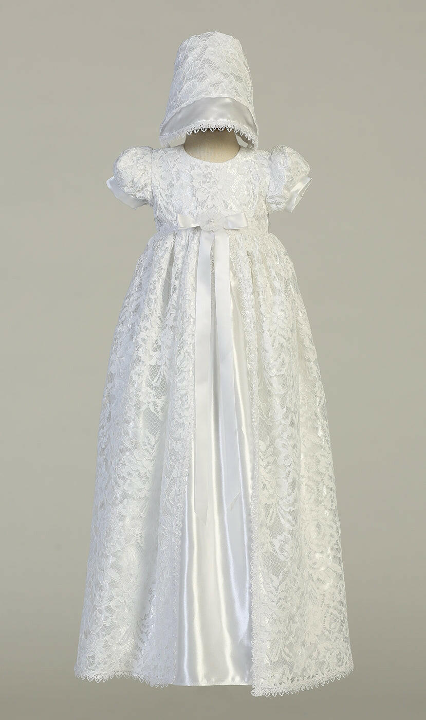 Front view of Suzana Baby Girls Christening Gown with scalloped lace hem, satin underlay, and bonnet. Timeless ceremonial attire.