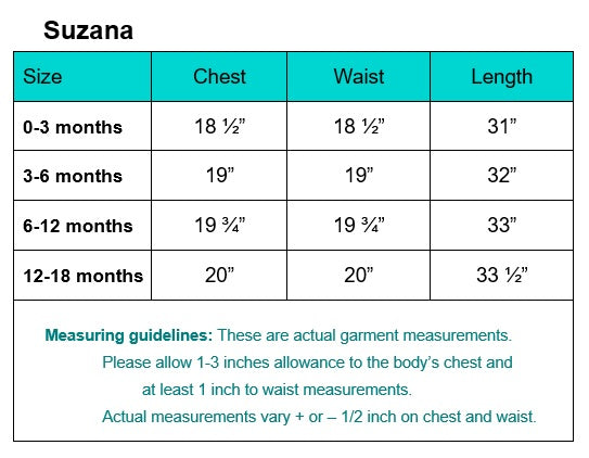 Suzana Baptism Gown size chart with chest, waist, and length measurements for ages 0-18 months. Helps ensure accurate fit for baby girls.