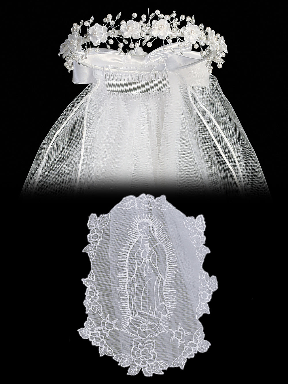24" Communion Veil with Corded Flowers & Bead Accents