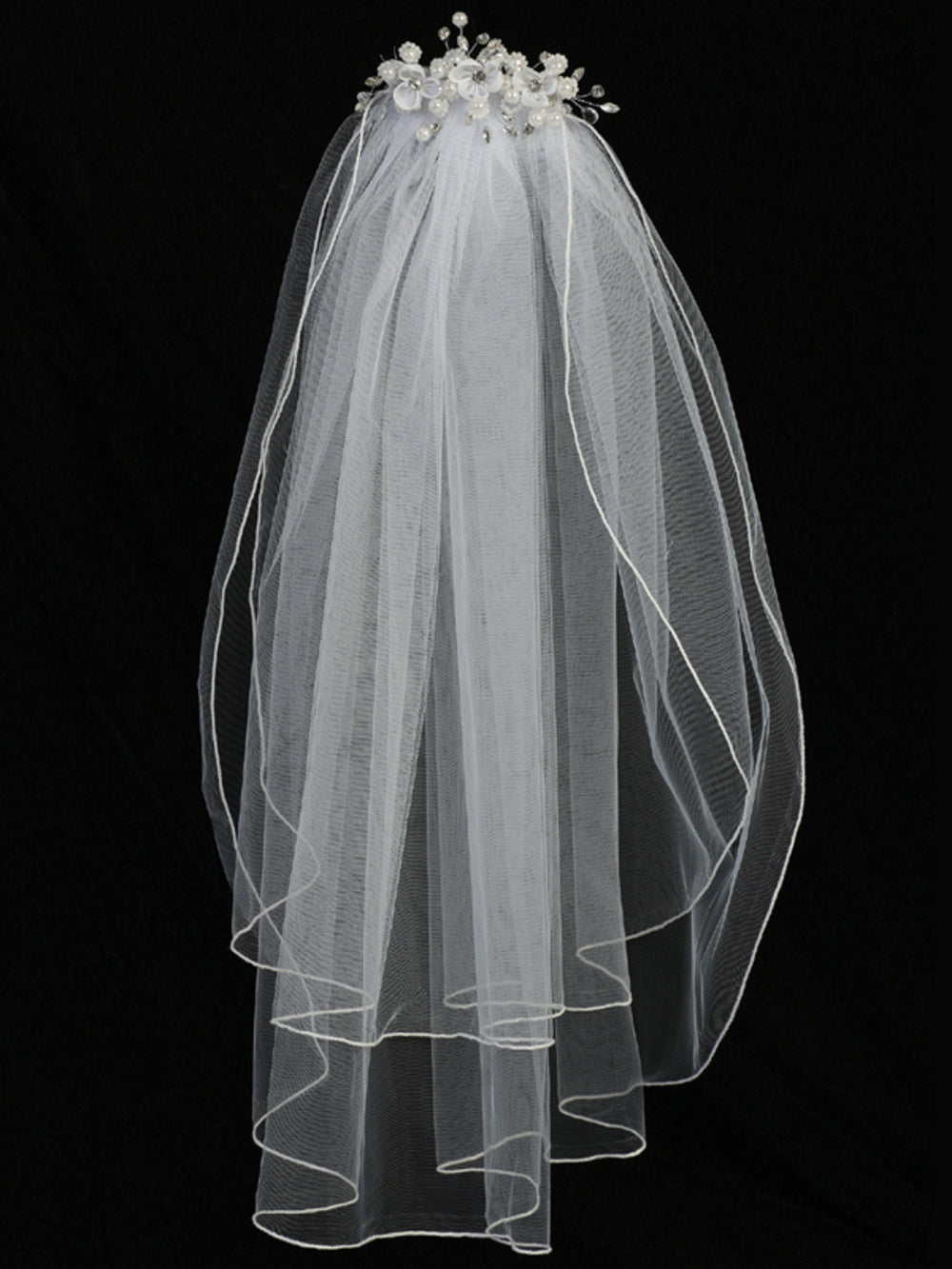 Full view of 24" Communion veil featuring layered tulle with organza flowers, rhinestones, pearls, and crystals for a graceful ceremonial look.