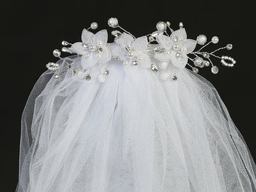 24" Veil - Organza flowers with pearls and rhinestones