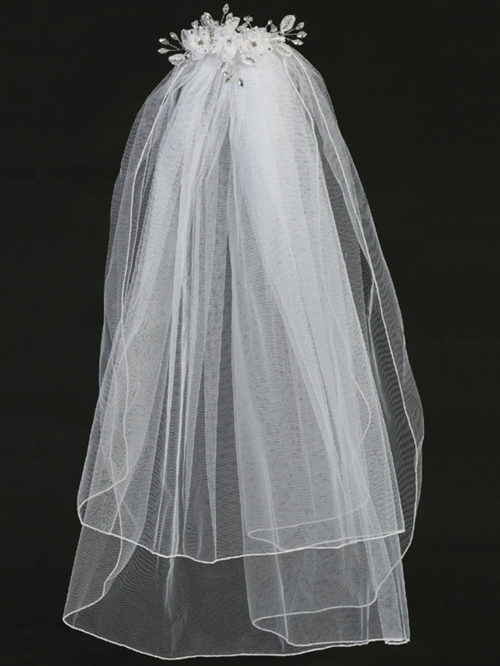 Full view of 24" Communion veil featuring layered white tulle and a sparkling floral headpiece with crystals and rhinestones.