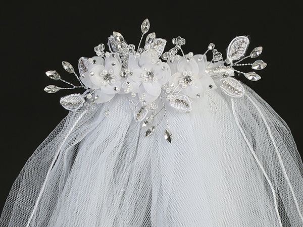 24" Veil - Organza flowers with crystals and rhinestones