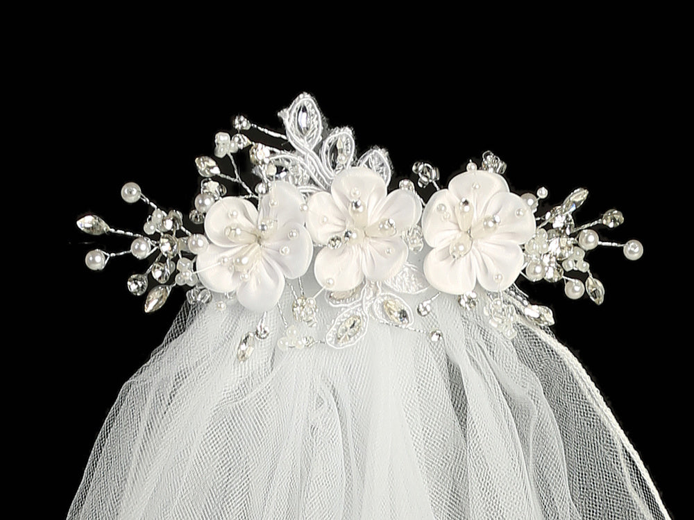 24" Communion Veil with satin flowers and pearls on comb, featuring crystal accents and lace details for a classic ceremonial look.