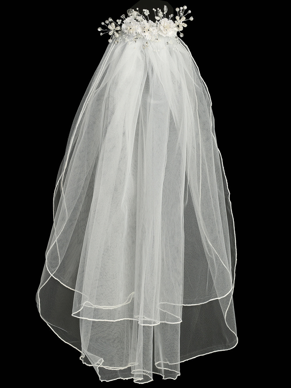 Full view of 24" Communion veil with layered tulle and floral headpiece adorned with pearls and rhinestones. Perfect for girls' religious events.