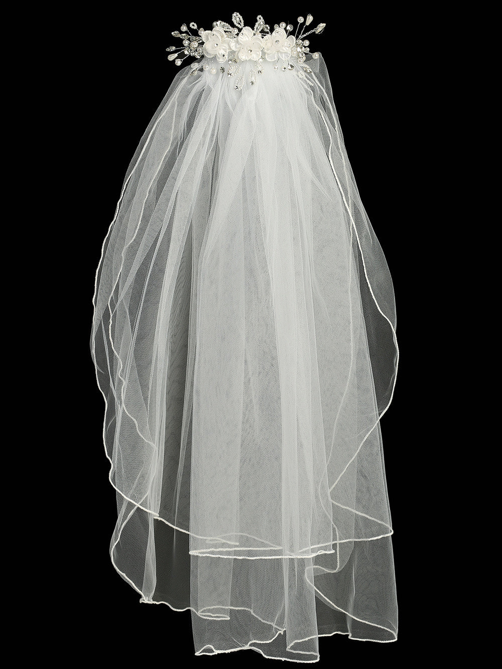Full view of 24" Communion Veil with layered tulle and ornate floral comb, ideal for girls' religious ceremonies and first communion.