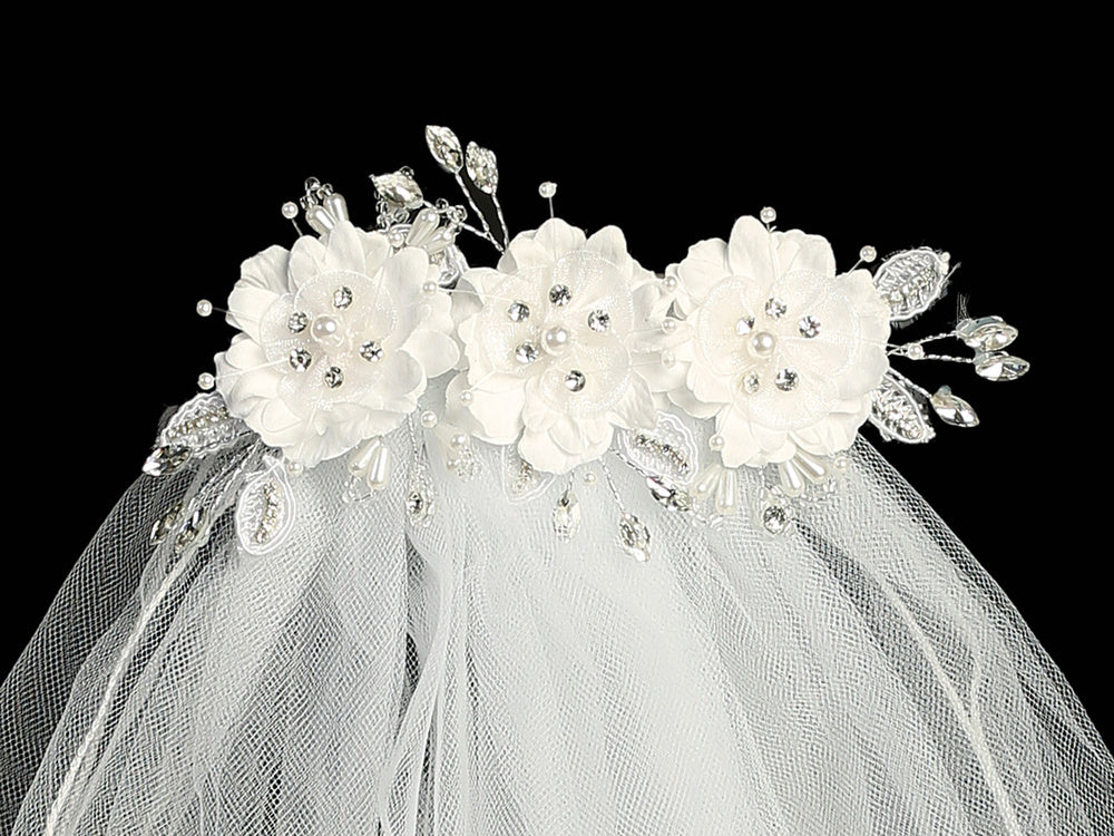 24" Communion veil with silk organza flowers, pearls, and rhinestones on a white tulle base, perfect for girls' religious ceremonies.
