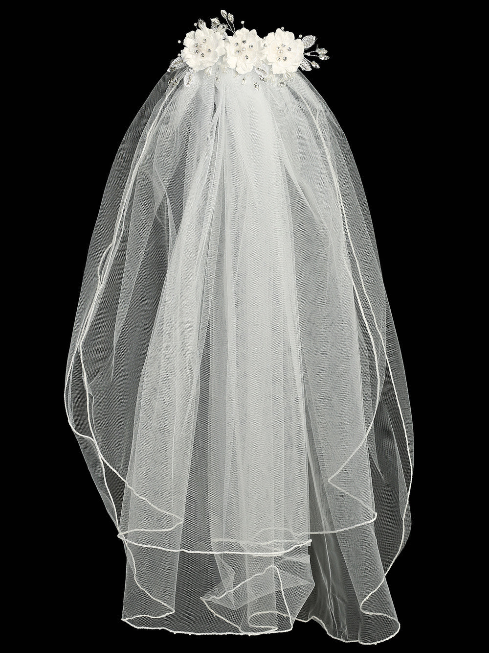 Full view of 24" communion veil with layered white tulle and floral embellishments, designed for girls' religious and ceremonial wear.