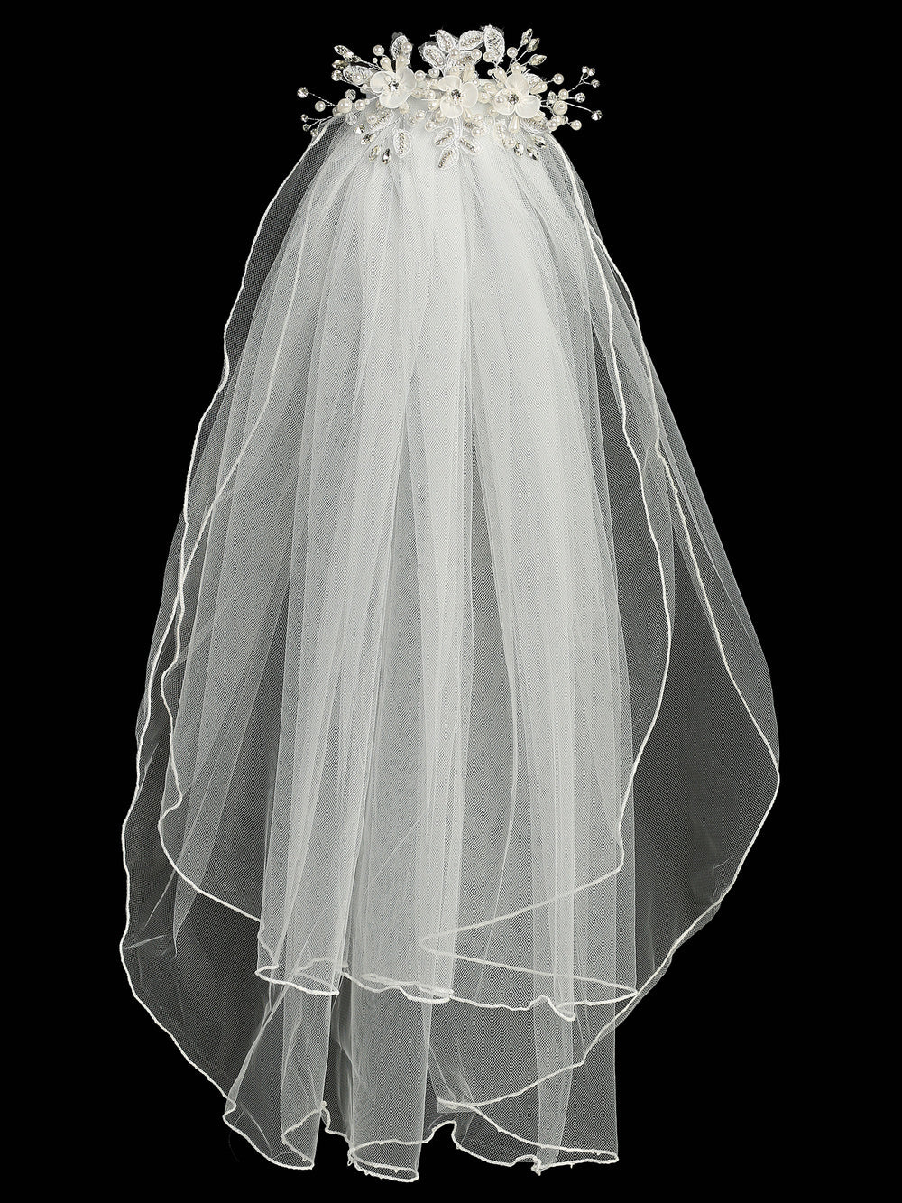 Full view of 24" Communion veil with layered tulle and floral headpiece adorned with pearls and rhinestones. Perfect for girls' First Communion.