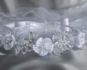 24" veil with satin & crystal flowers with pearl & rhinestones
