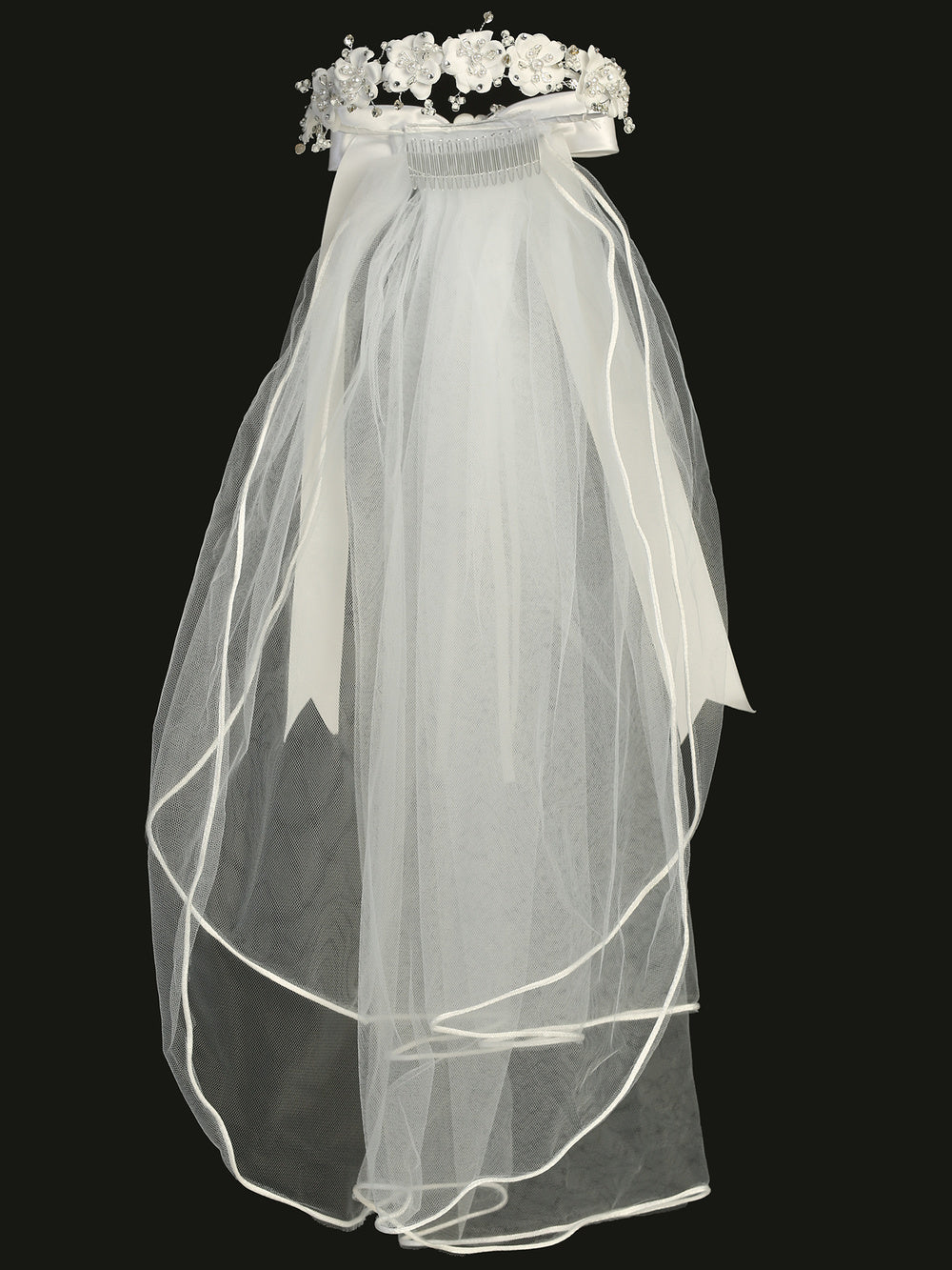 Full view of 24" Communion veil with satin flowers, pearls, beads, and rhinestones, featuring layered tulle and satin ribbon for a graceful finish.