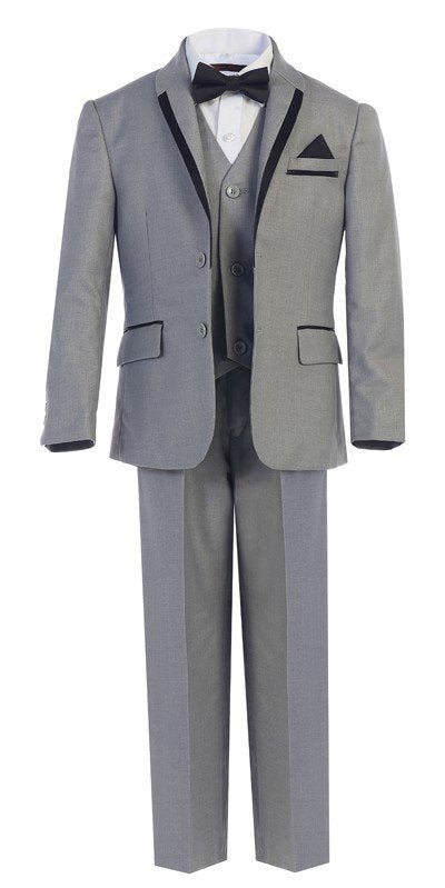 A boy's charm shines in the dapper silhouette of the 7PC Grey Tuxedo Suit.