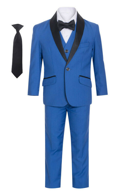 A boy's charisma shines in the vibrant silhouette of a blue shawl tuxedo suit.
