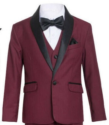 The burgundy shawl tuxedo suit, a symbol of richness and elegance for a boy.