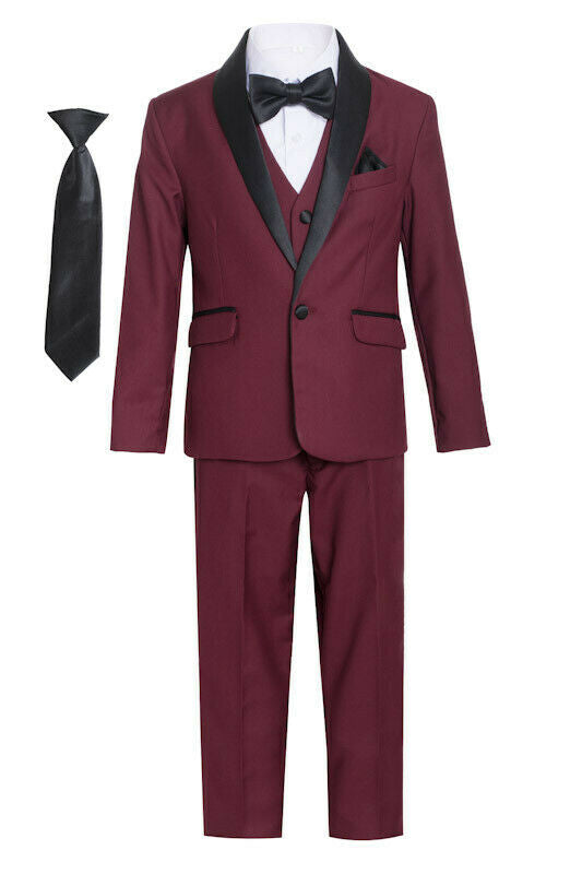 A boy's charm radiates in the striking burgundy shawl tuxedo suit.