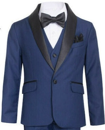 A young man embodies elegance in the rich navy shawl tuxedo suit.