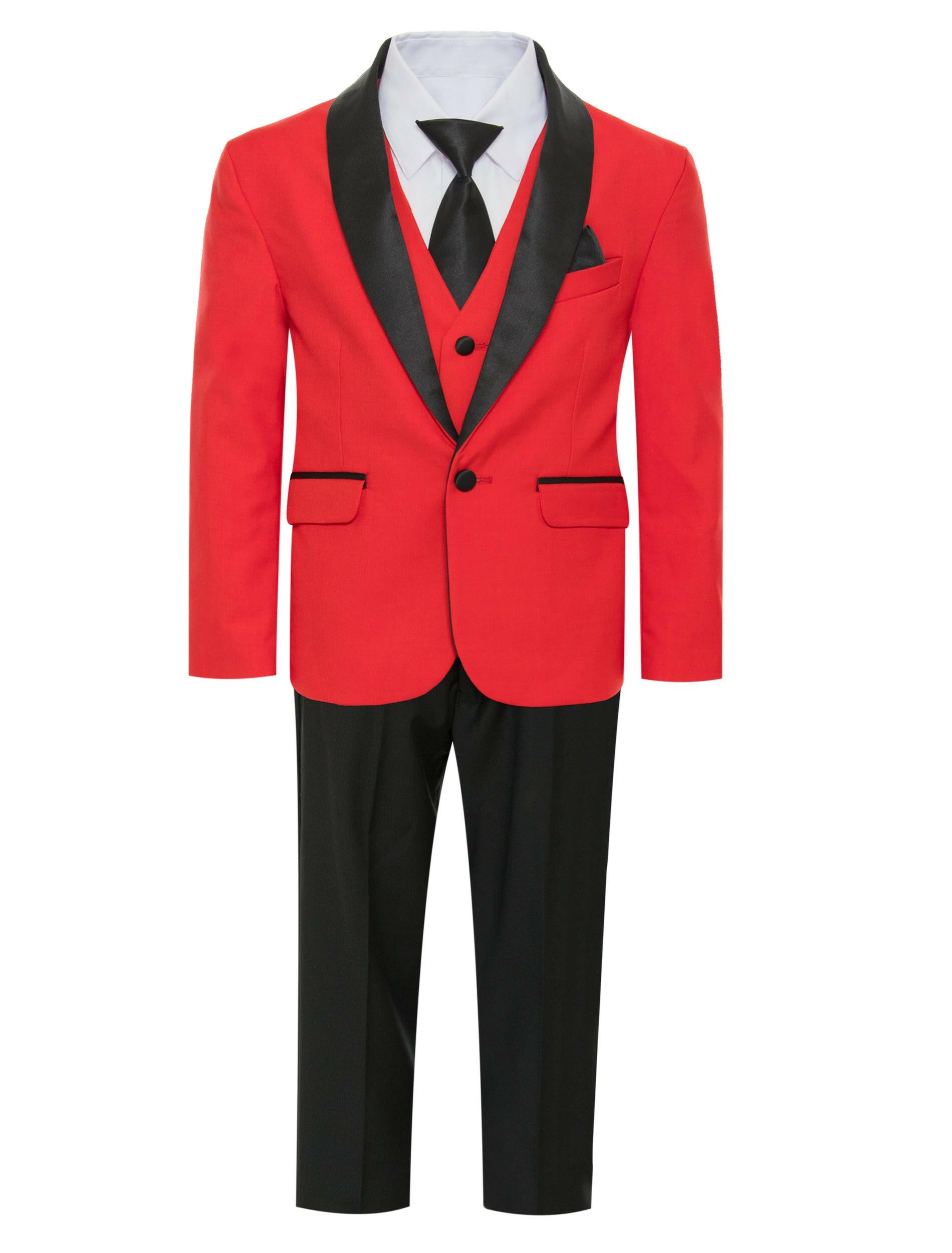 A boy's charm ignites in the dramatic silhouette of the Red/Black Shawl Tuxedo Suit.