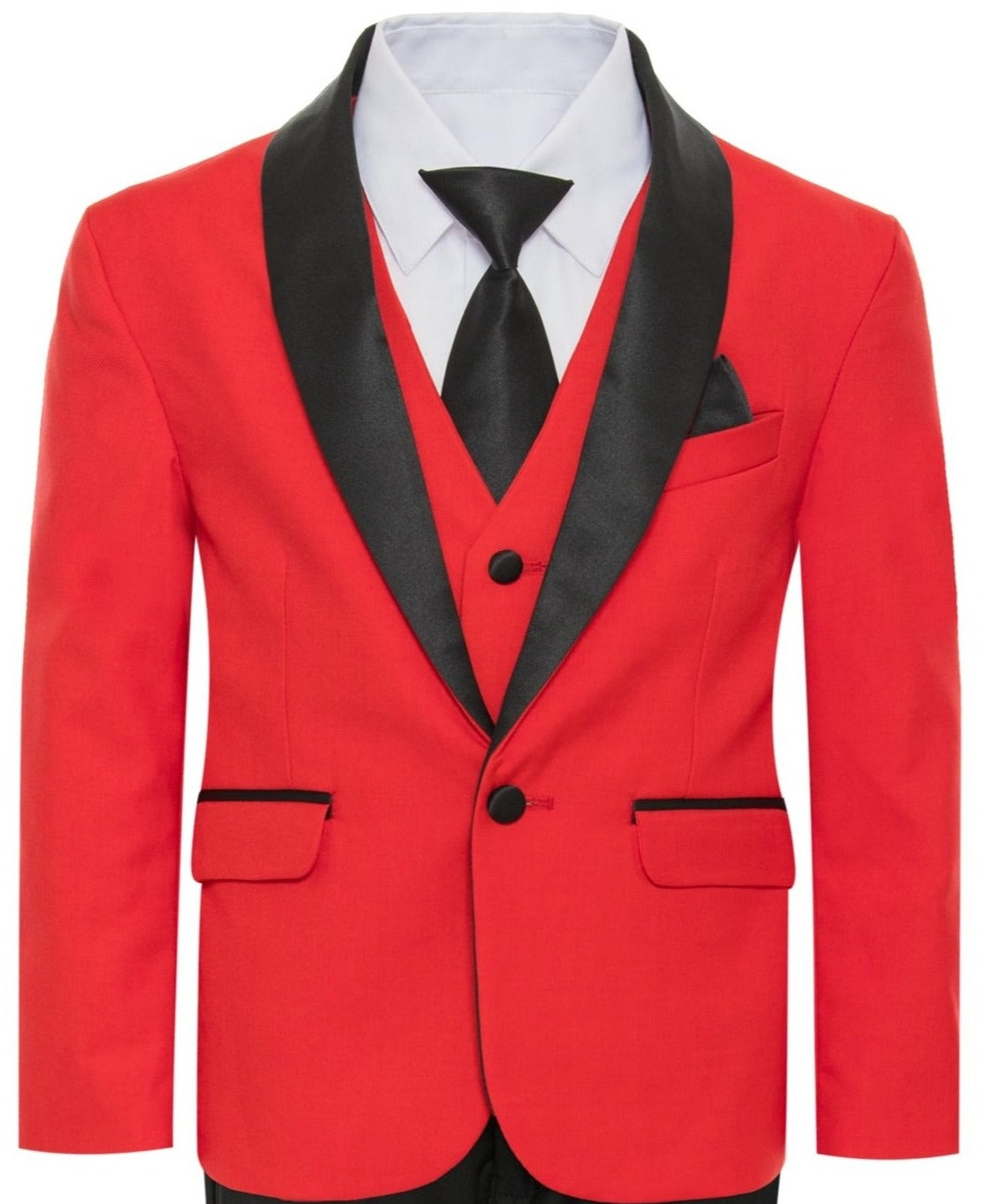 The Red/Black Shawl Tuxedo Suit, a bold statement of style and confidence for a boy.