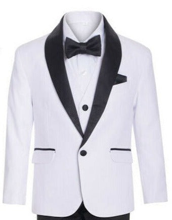 A young gentleman enchants in the resplendent white shawl tuxedo suit.