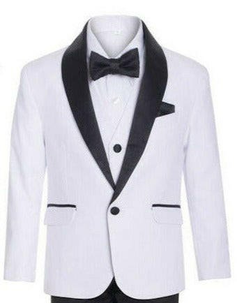 A young gentleman enchants in the resplendent white shawl tuxedo suit.