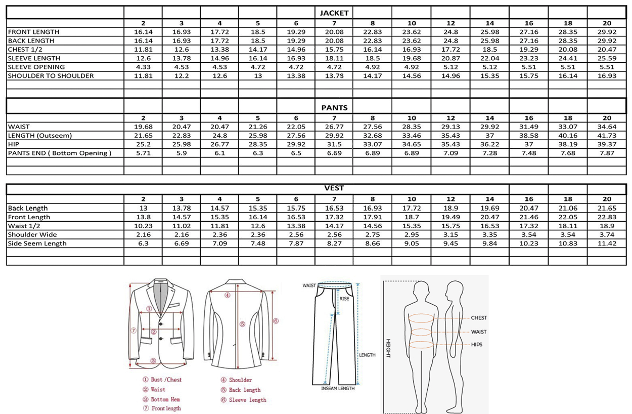 Childs Dark Grey Suit Measurement Chart